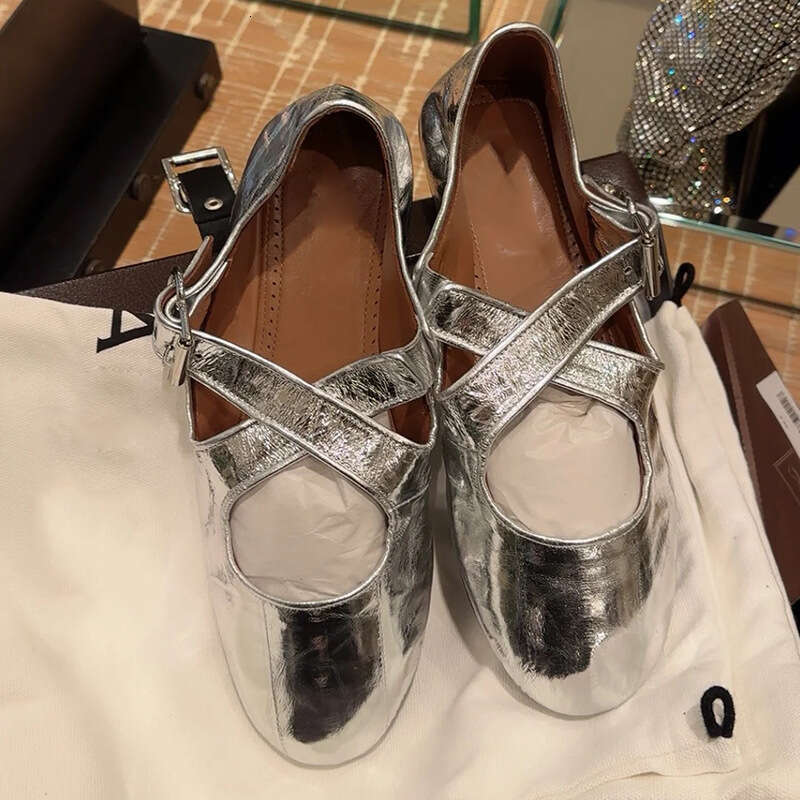 Genuine Leather Niche Silver Fashion Ballet Flats Round Toe Shallow Mouth Cross Strap Mary Jane Shoes for Women Summer Autumn