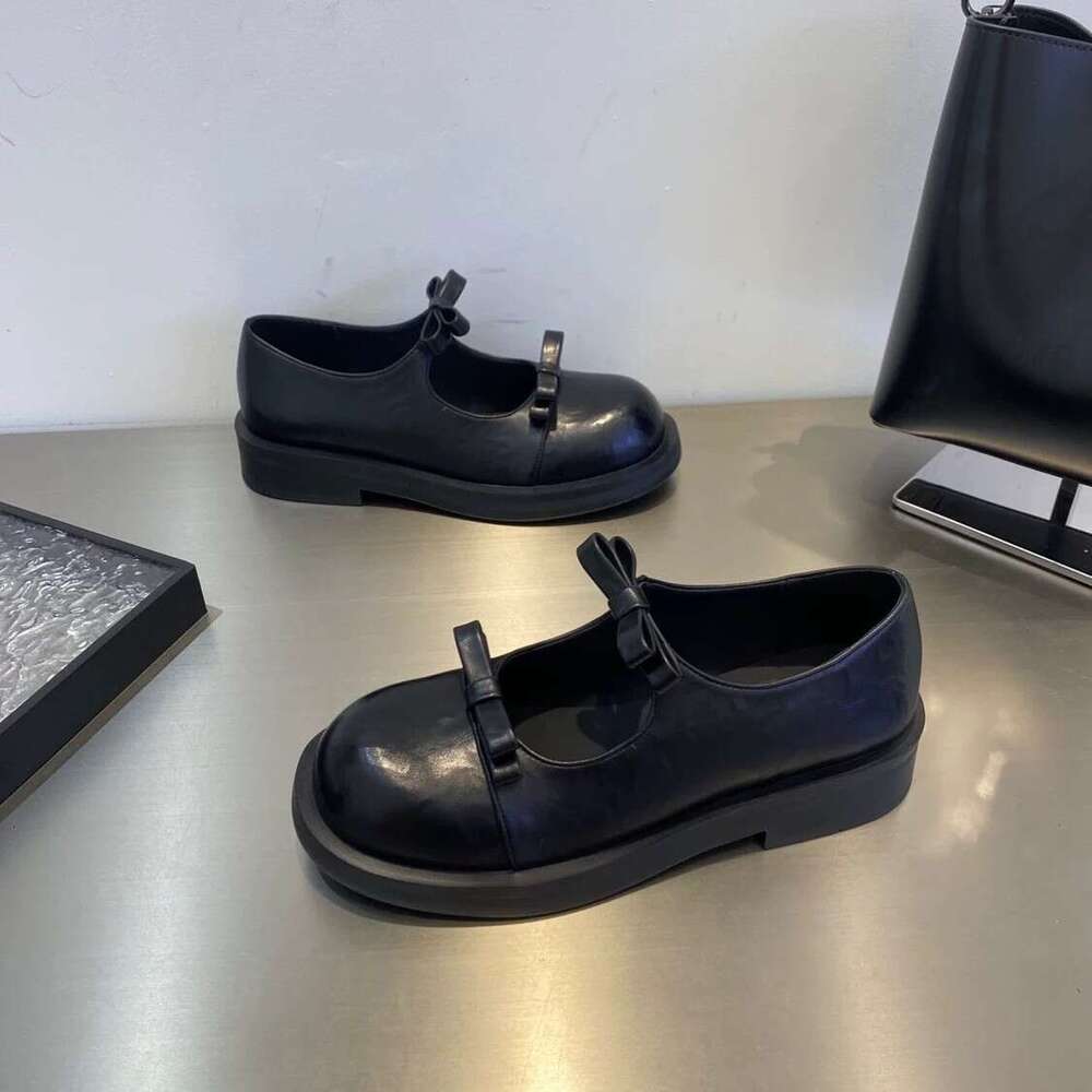 Genuine Leather Double Bowknot Shallow Mouth Thick Sole Round Toe Women's Shoes 2025 Spring Summer Chunky Heel Mary Jane Loafers