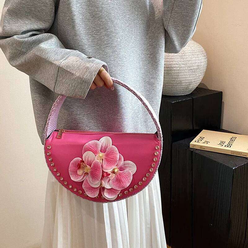 Women's Bags Designer Appliques Handbag Half Moon Dia Evening Bags For Women High Quality Flower Shoulder Bag Wedding Party Clutch