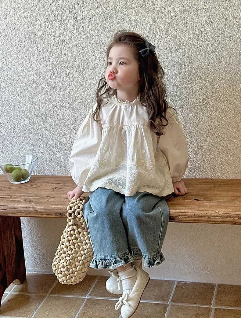 Kids Jeans Girls 2024 Spring Autumn Childrens Fashion Casual Wide-leg Pants Lace Princess Sweet and Lovely 250526