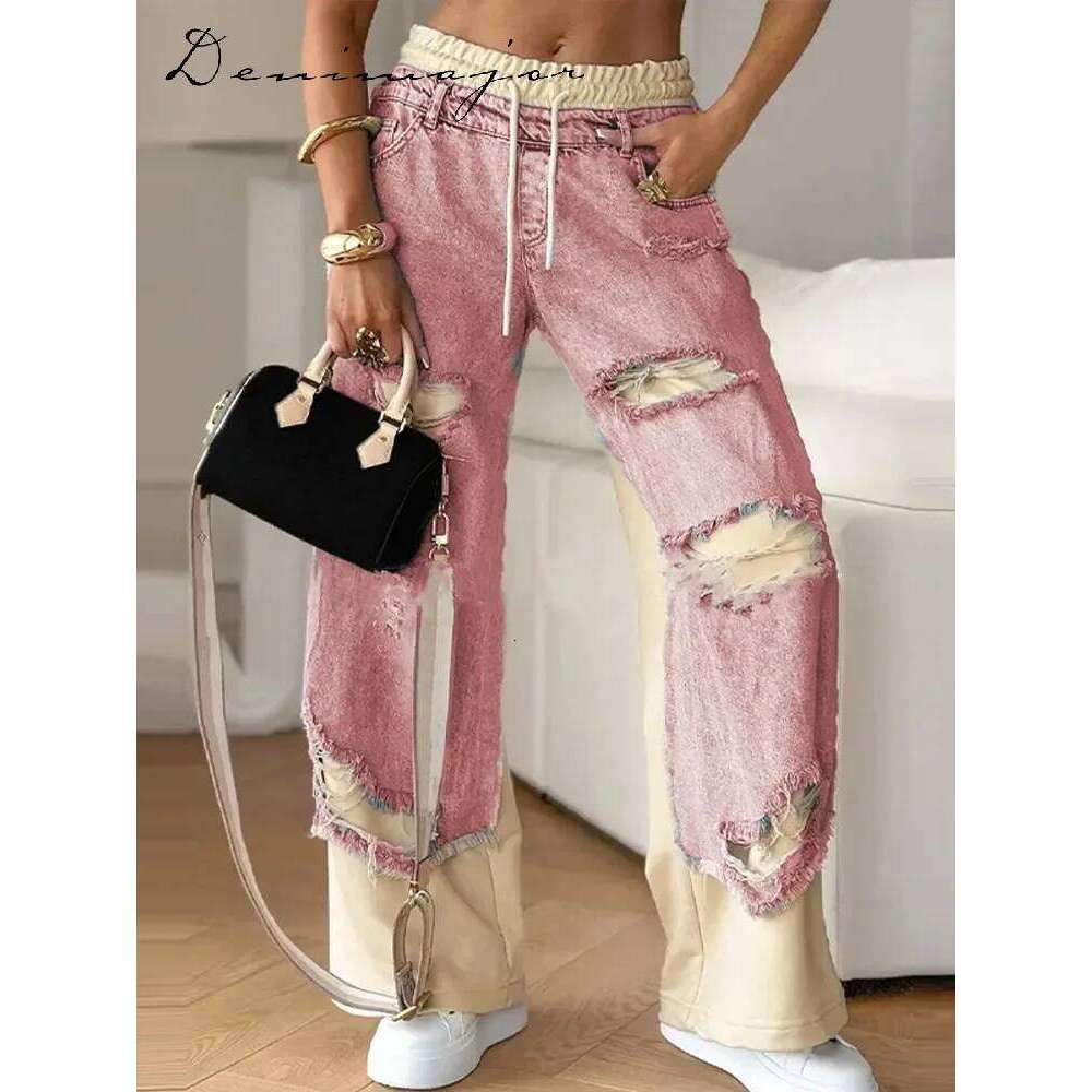 Casual Patchwork Jeans Women Loose Drawstring Low Waist Pockets Zipper Straight Leg Pants 2025 Spring Summer Street Lady Trouser