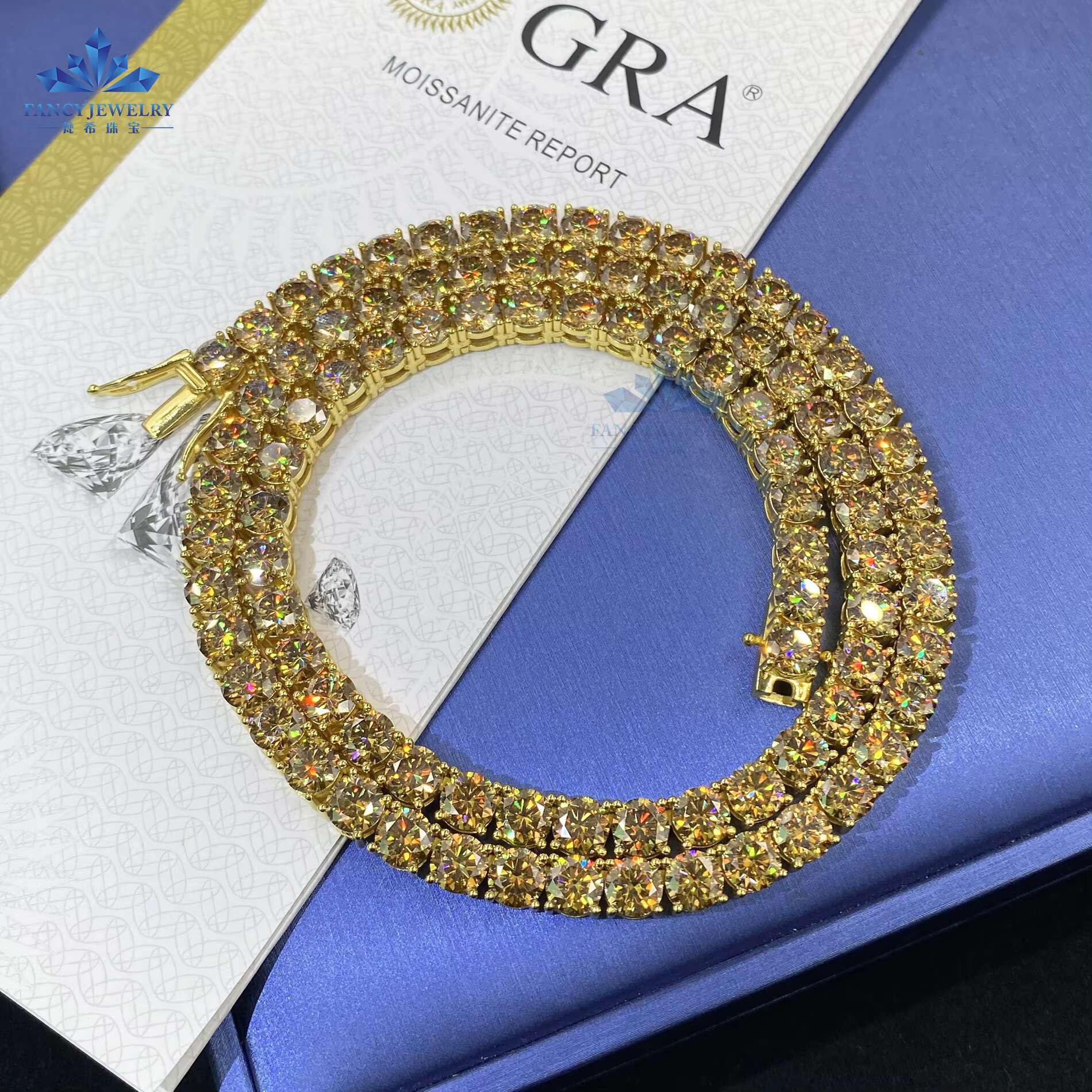 FancyJewelry 925 Sterling Silver Hip Hop Tennis Chain Necklace Yellow Red Pink Color 4mm Moissanite Diamond Gold Men Women