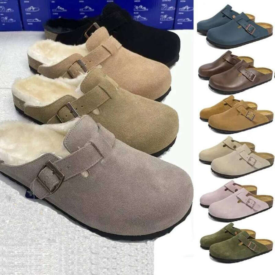 2025 Boston Clogs Big Size 35-46 Designer Slippers Shearling Fur Slides Mens Womens Suede Soft Footbed Taupe Nubuck Suede Cork Slides Shoes London Boston clogs
