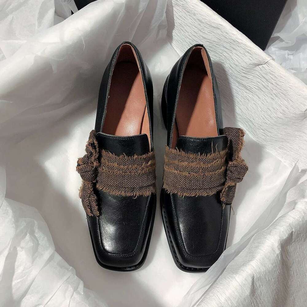 Genuine Artistic Style Square Toe Chunky Heel Loafers for Women 2025 Spring New Bowknot Small Leather Single Shoes