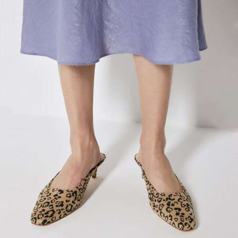 Genuine Leather Niche Leopard Print Stiletto Heel for Women 2025 Spring Summer New Mid-Heel Outdoor Sandals Mules