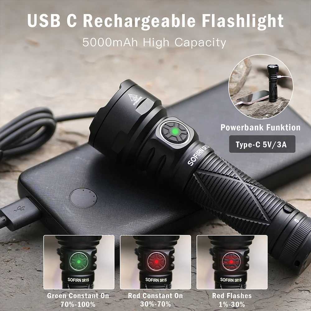 Sofirn SR15 Flashlight 4500LM SFT25R Powerful LED Light 21700 USB C Rechargeable 5V/3A Charge and Discharge Torch XJ250529