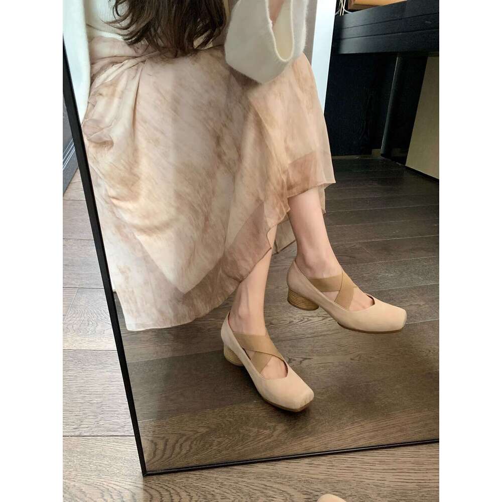 Su Yinyin Style Cross Lace Ballet Flats for Women Low Heel Square Toe Mary Jane Shoes Spring Autumn New Model