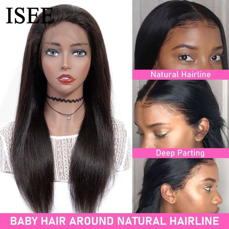 ISEE HAIR 13x6 HD Frontal Human Hair Straight Full Front For Women Pre-plucked Transparent Lace Wigs On Sale