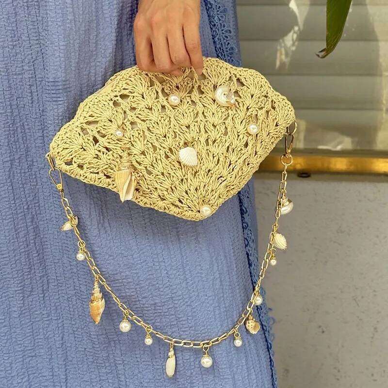 Women's Bags Designer Bohemian Conch Shell Straw Summer Pearls Beach Bags For Women Handbags And Purses Travel Hollow Woven Shoulder Bag Clutch