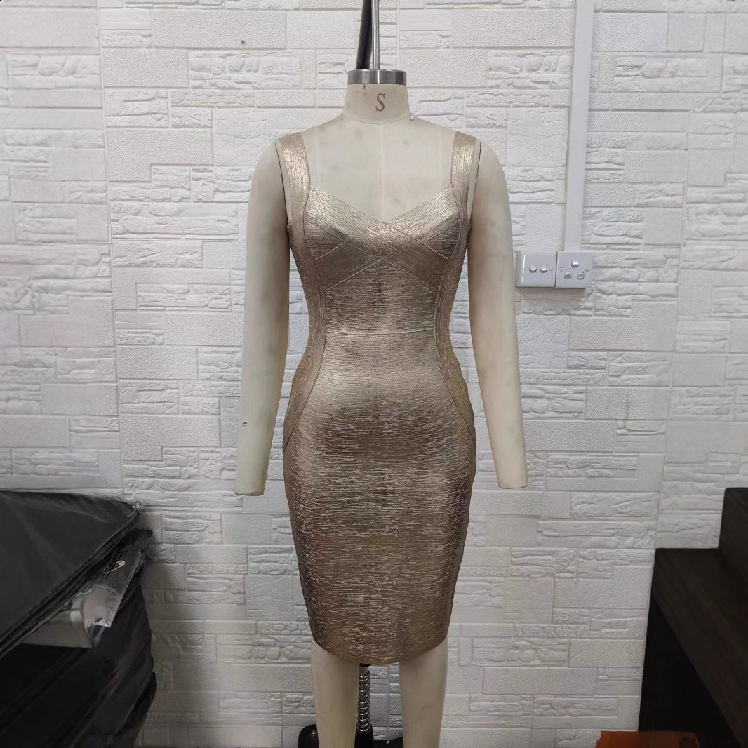 Sexy Low-Cut Bodycon Waist-Cinching Sleeveless Gold-Plated Bandage Dress Fashionable Party Outfit 210409