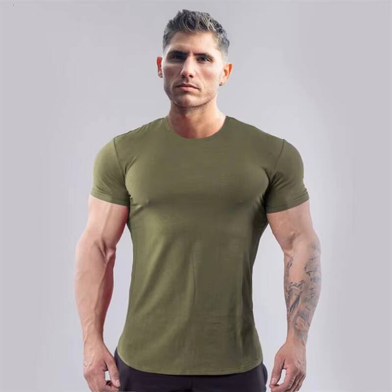 Men's 100% Cotton Summer Sports T-Shirt Slim Fit Short Sleeve Elastic Neck Breathable Thin Muscle Gym Shirt Dyed Solid Color