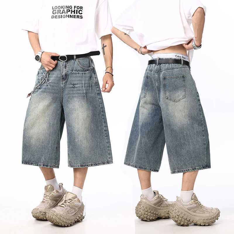 Summer New Mens Oversized Wide Shorts Lightning Cracked Y2k Baggy Jeans Washed Strtwear Fashion Loose Calf-length Denim PantsC250528
