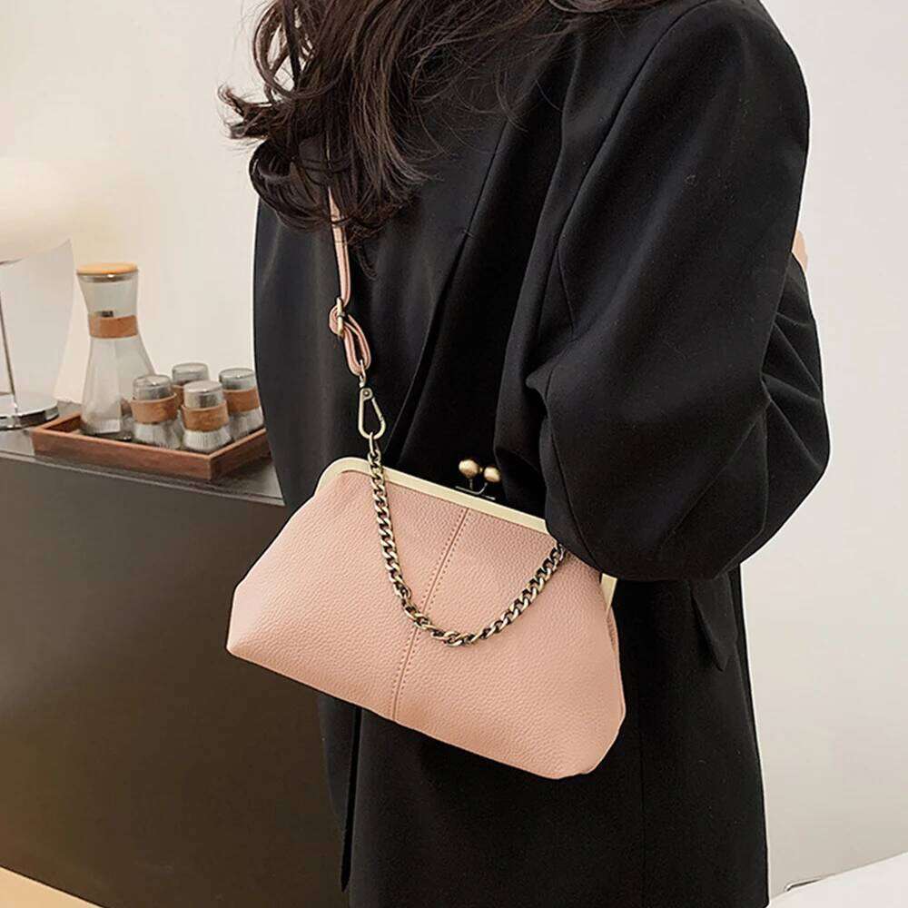 Women's Designer Vintage Shell Clip Shoulder Bag Lichee Pattern Frame Handbags Chains Sling Crossbody Bags For Women Kisslock Coin Lipstick Purse