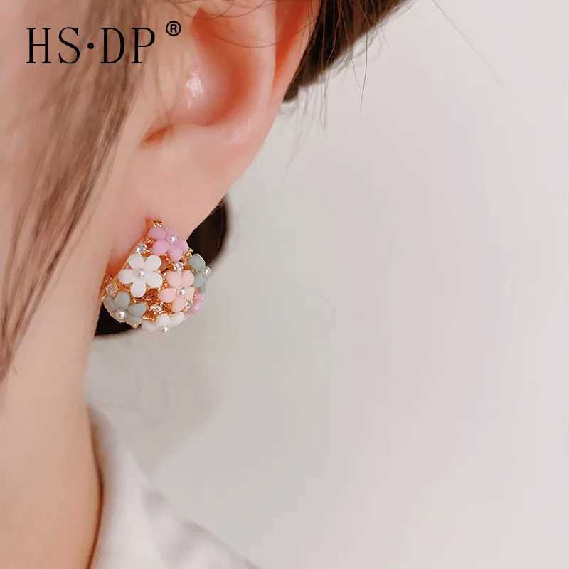 Fashionable Zircon Pearl Flower Basket Ear Buckle Sweet Pink Rhinestone Petal Flower Earrings Wedding Party Jewelry Girls Gifts L250527