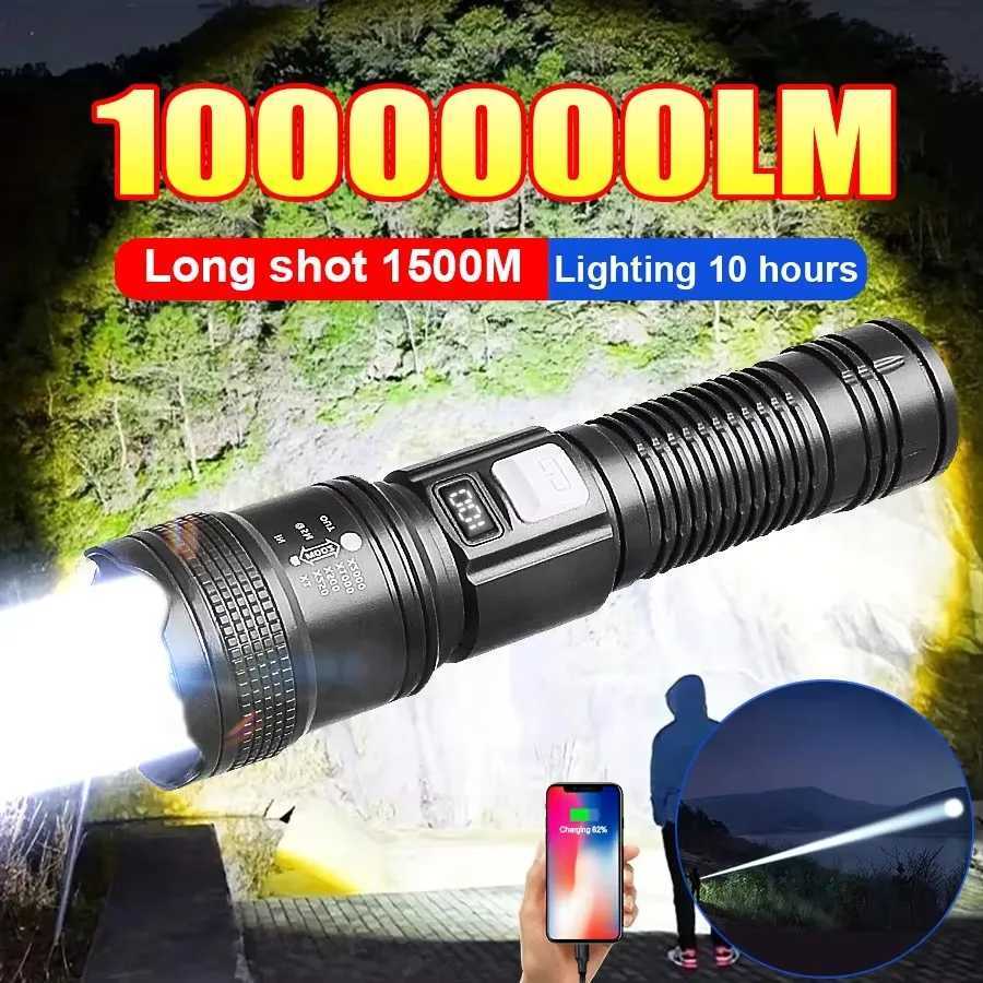 High Strong Power LED Flashlights300000LM Tactical Torch with Display Light USB Charging Camping Fishing Defense Zoom LanternXJ250529