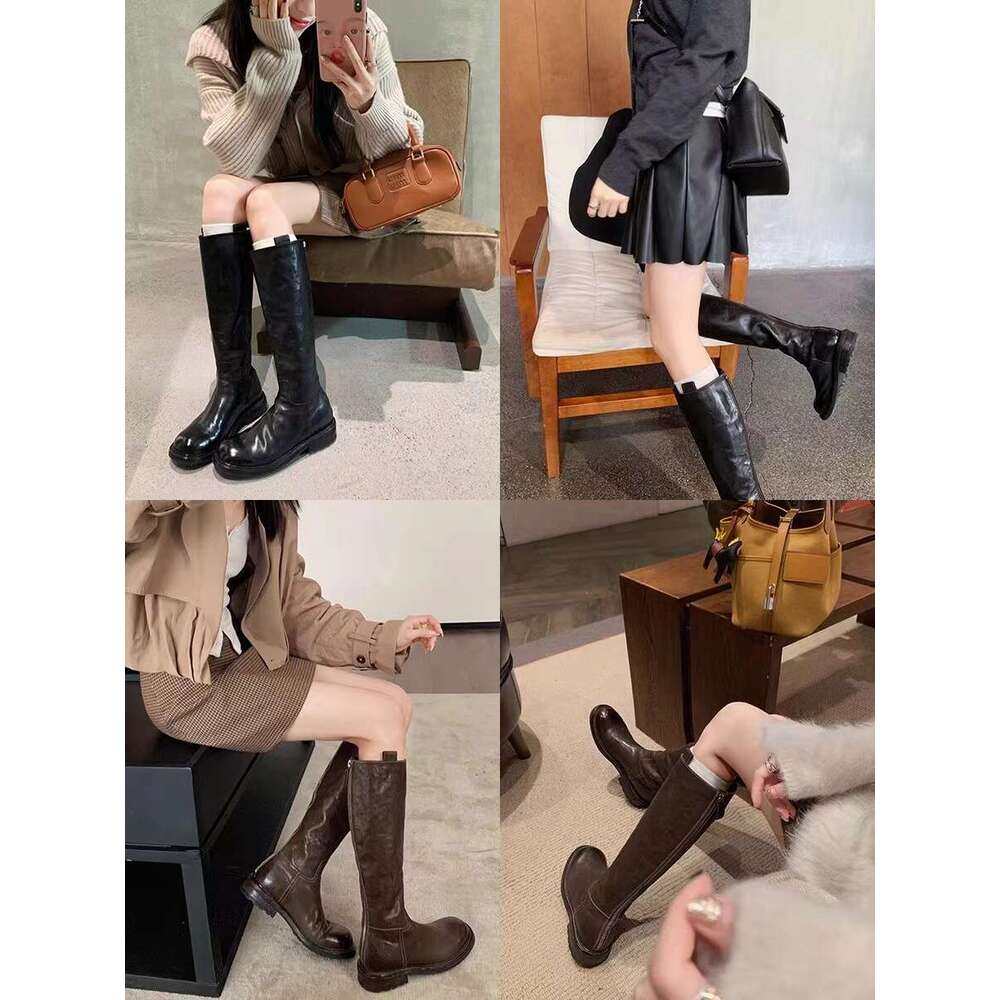 Grape Mom Same Style Washed Long Knight Autumn Winter Chunky Heel Round Toe Mid-High Women Boots