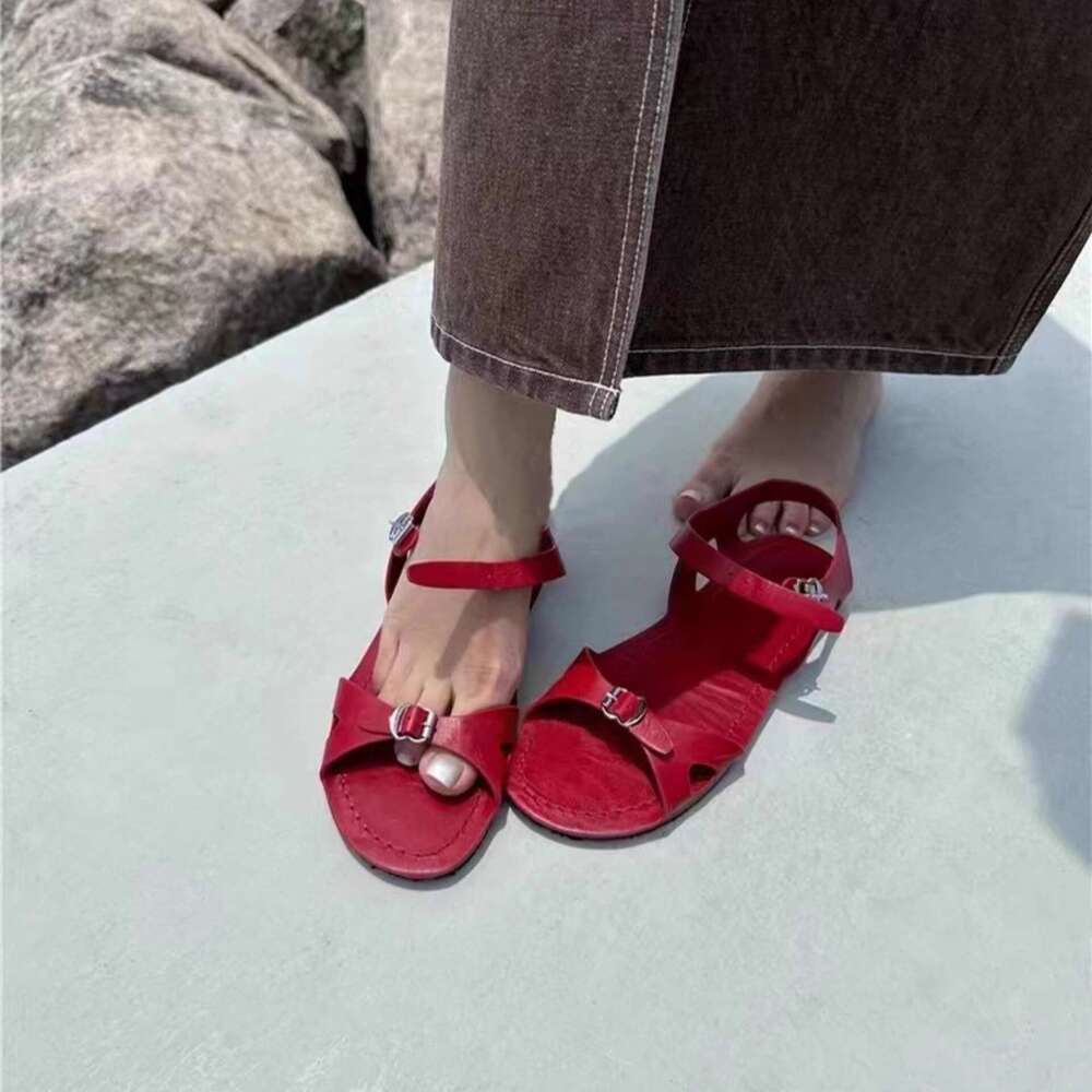 Genuine Leather Flat Beach with Red Straps for Women, Summer Fashion Roman Fairy Style One-Strap Sandals