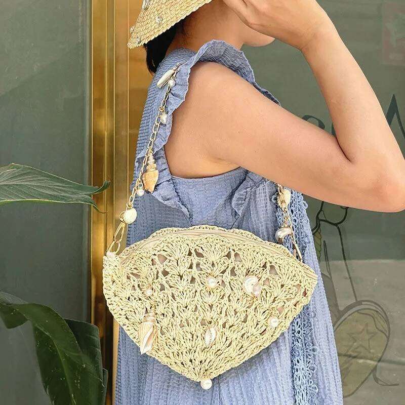 Women's Bags Designer Bohemian Conch Shell Straw Summer Pearls Beach Bags For Women Handbags And Purses Travel Hollow Woven Shoulder Bag Clutch