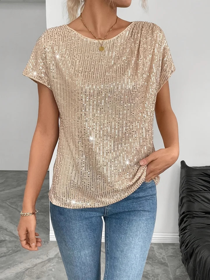 Plus Size Womens Sequined Round Neck Vest Casual Polyester Knitted Fabric Sleeveless Top Shiny Texture Suitable for Daily Wear 250519