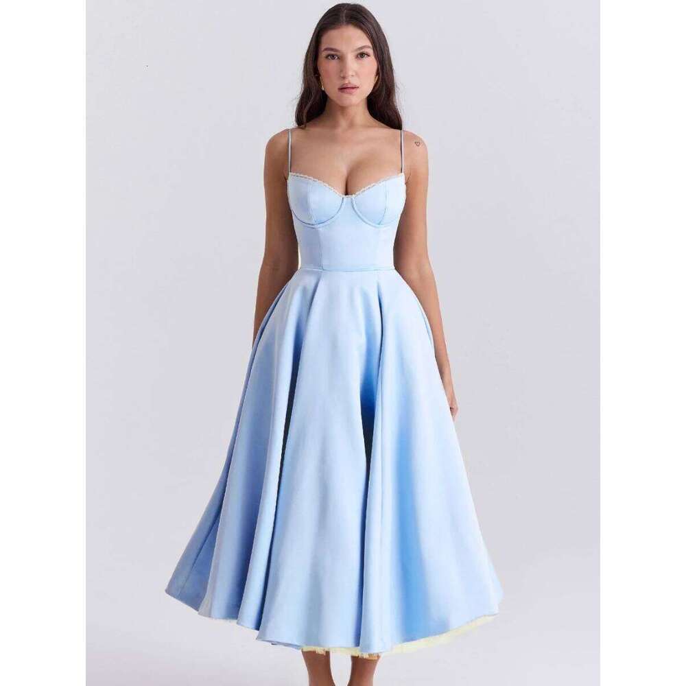 Suninheart Summer Flare Midi Elegant 2025 New Arrivals Spaghetti Strap Bustier Dress Women