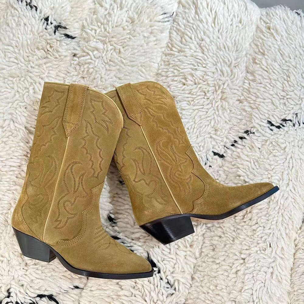 Genuine Leather Suede Niche Embroidered Western Cowboy for Women, Autumn and Winter, Chunky Heel, Pointed Toe, V-Mouth Mid-Calf Riding Boots