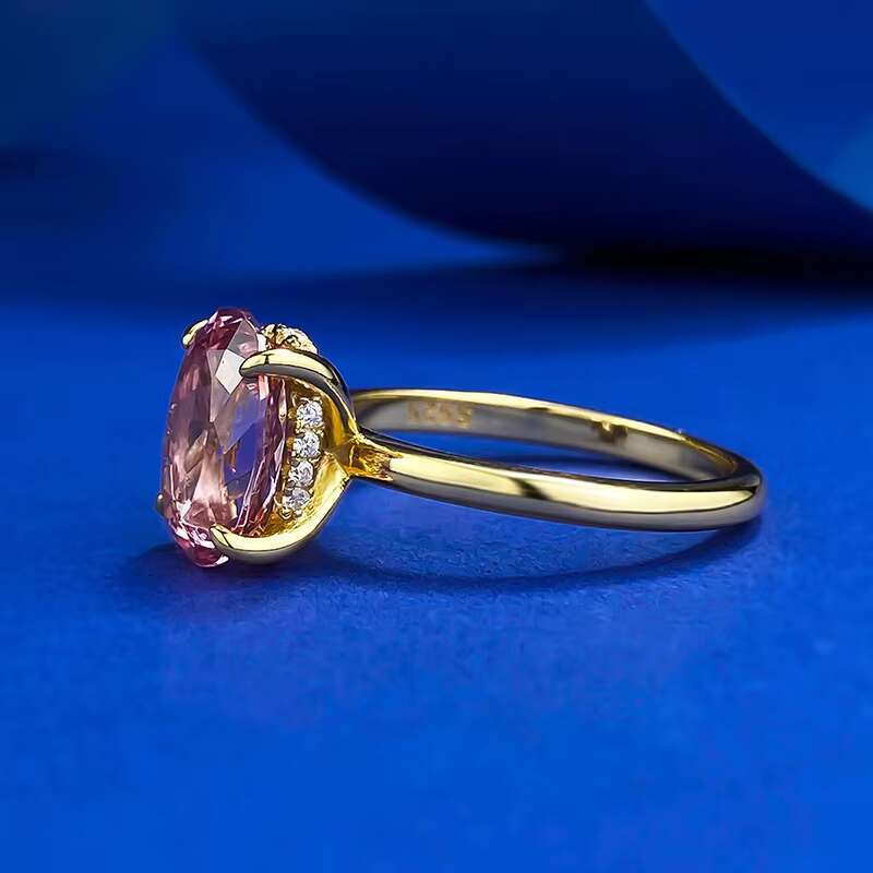 Trendy Luxury Diamond Engagement Ring Gold Plated 925 Sterling Silver Pink Diamond Ring CZ Diamond Oval Shape Ring for Women