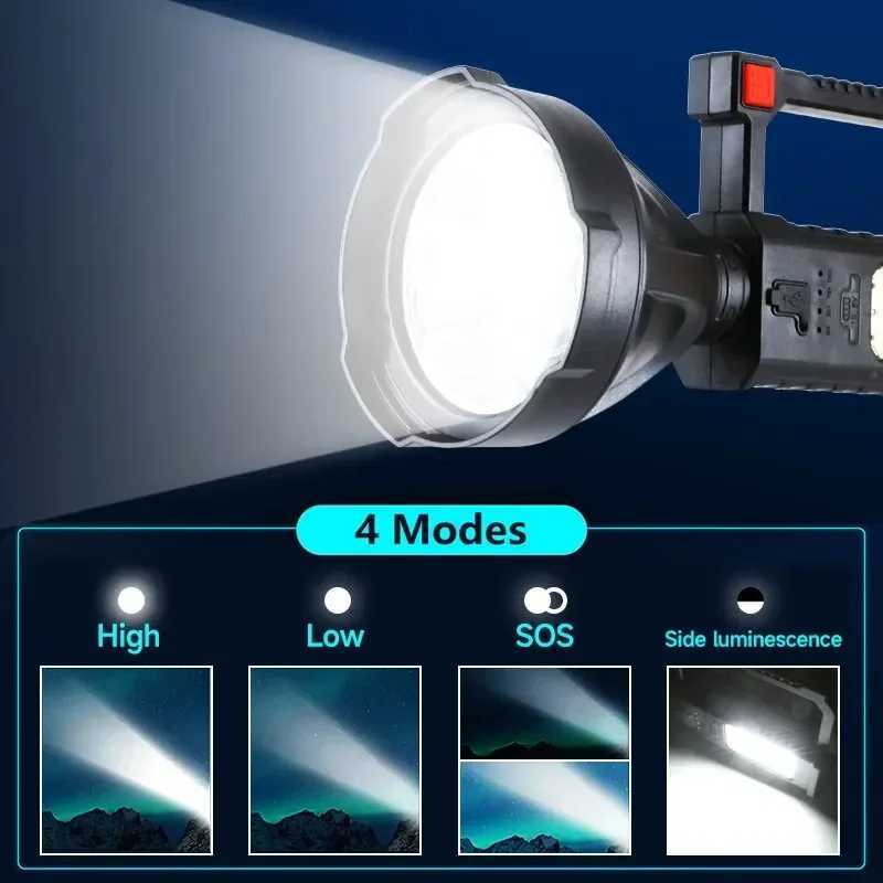 High Power LED Flashlight Waterproof Fishing Lantern Torch USB Rechargeable Powerful Spotlight Searchlight Camping Lamp XJ250529