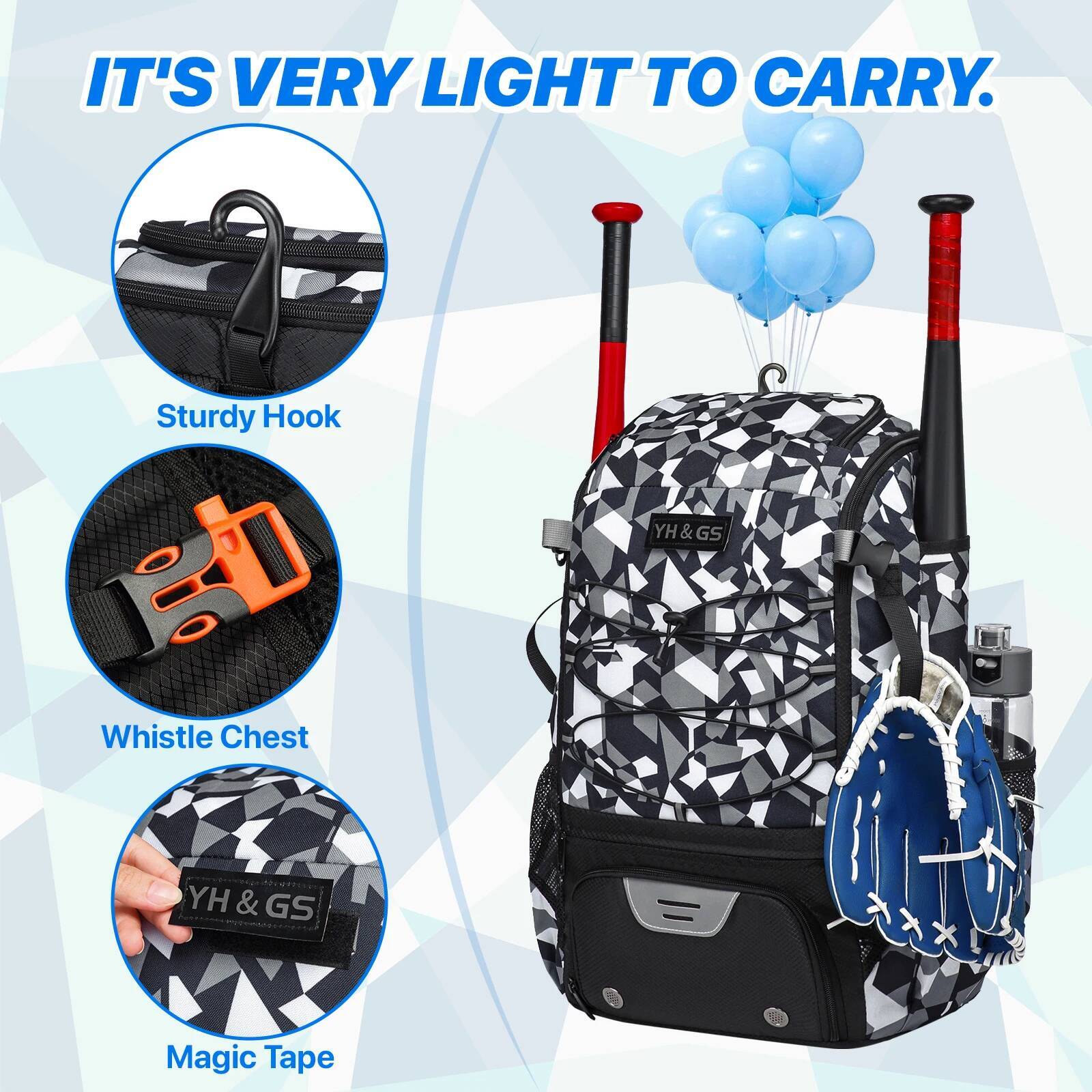 YH&GS Baseball Backpack Lightweight Sport Bag Sports Training with Shoes Compartment Softball Equipment for Youth Adult