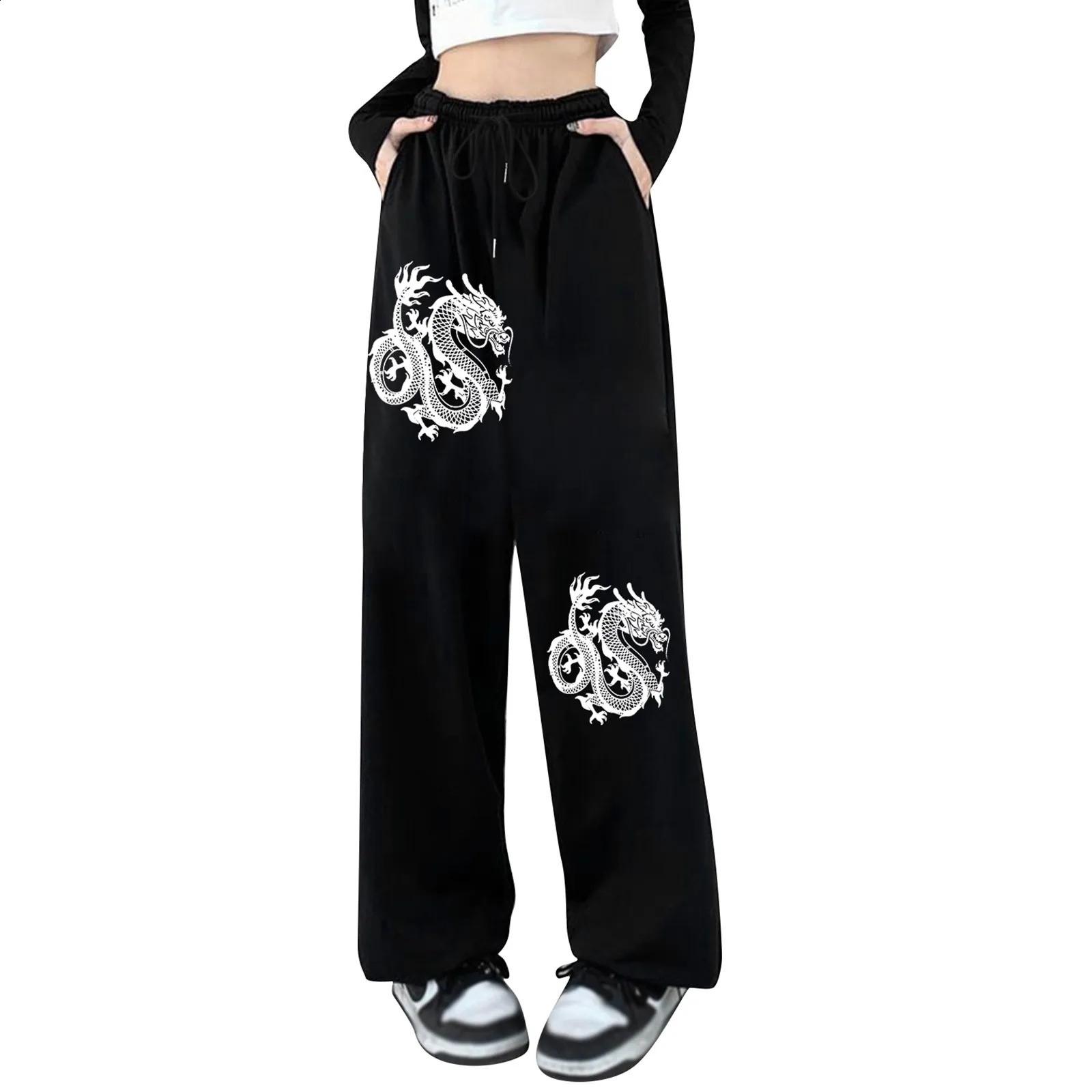 Women Loose Fit Elastic Drawstring Joggers Pants Dragon Print Baggy Trousers Running Yoga Gym Plus Sport Harem Pants Sweatpants 250529Z