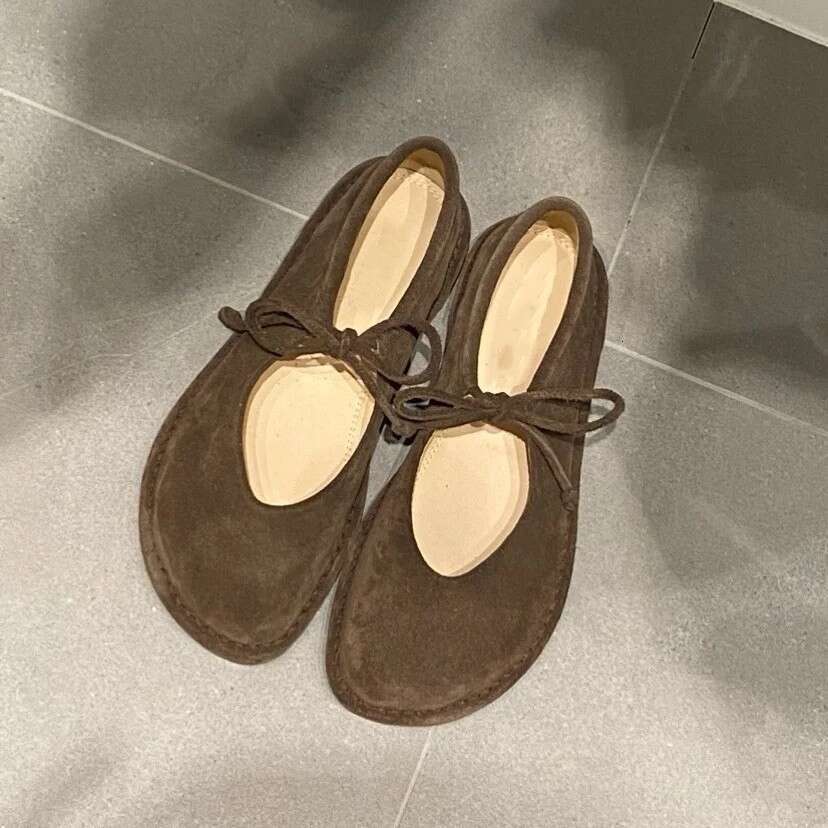 Korean Style Niche Lace-up Bowknot Round Toe Flat Ballet Women Spring Autumn Stitched Mary Jane Shoes