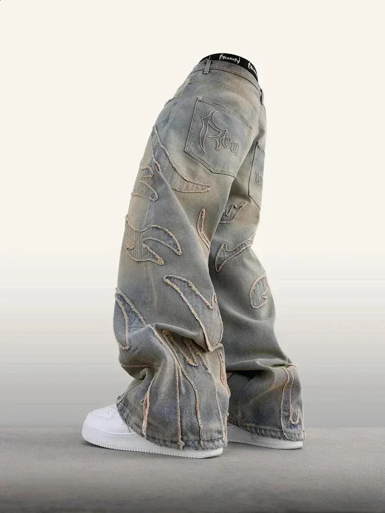 American Fashion Pattern Embroidery Washing Old Baggy Jeans Men Y2K Harajuku Vintage High Waist Wide Leg Denim Trousers 250526