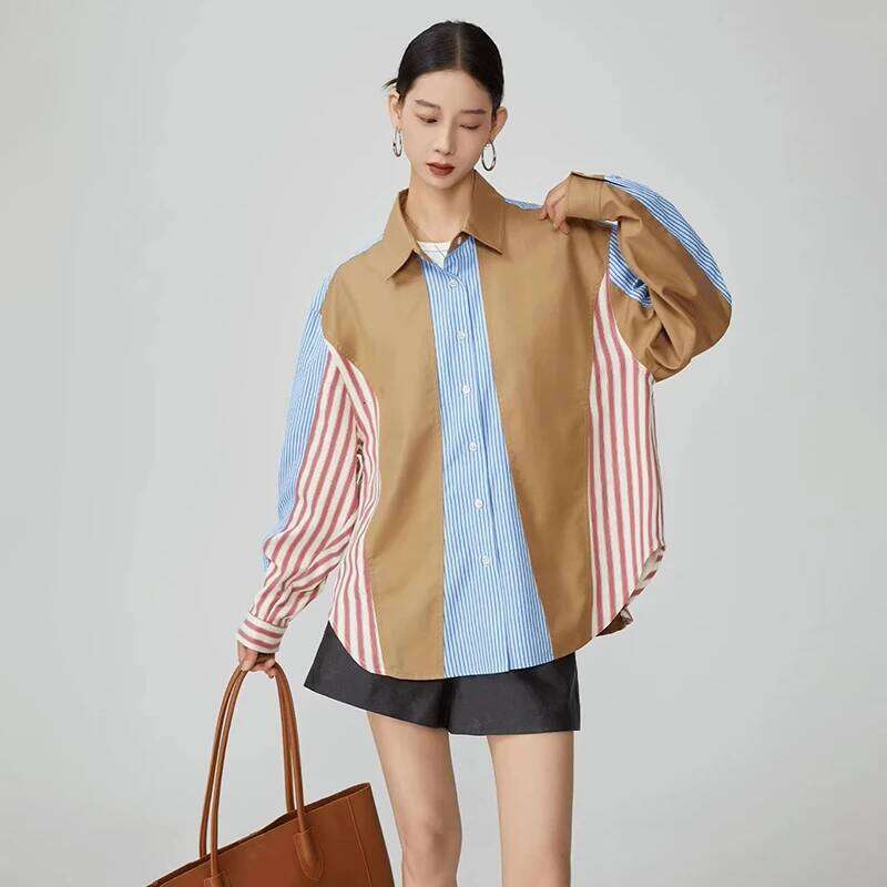 Women's Wear DEAT Fashion Irregular Contrast Color Striped Shirt Women's Lapel Loose Single Braested Long Sleeve Blouse New Tide 7Ab8930