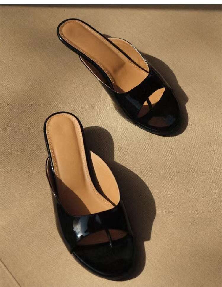 Genuine Leather Korean Style Elegant Post Stiletto Cat Sandals for Women Summer New Round Open Toe Low Heel Outdoor Slippers
