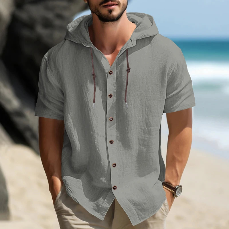 Summer cotton linen mens short sleeved shirt in US size solid color hooded casual T-shirt plus size mens clothing 250526