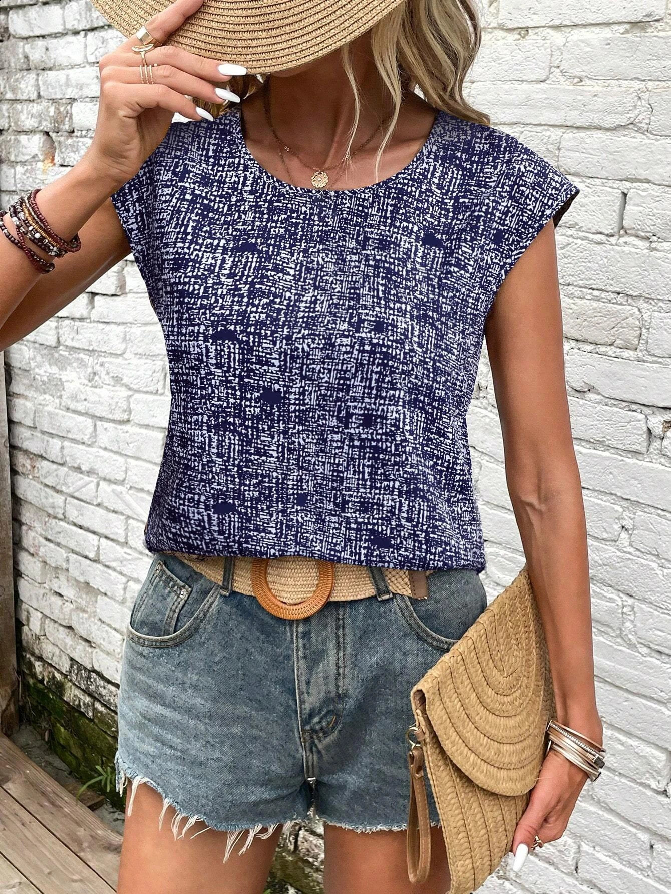 European and American womens elegant and fashionable versatile casual round neck printed short sleeved shirt 250529Z