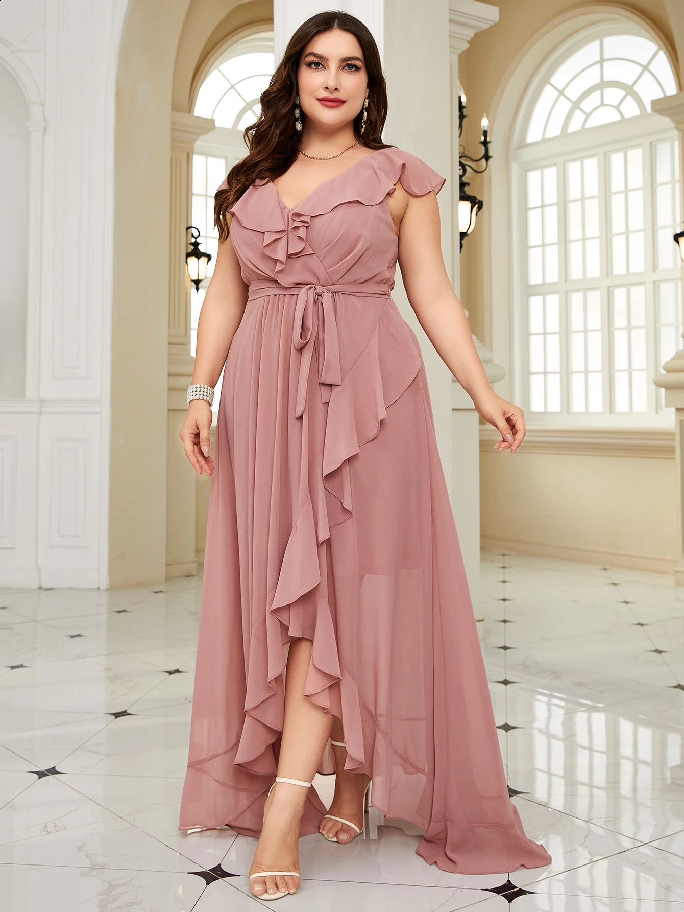 Unithorse Plus Size Women Summer Asymmetric Ruffle Lace Dress With Waist Belt Elegant Chiffon Formal Bridesmaid 250517