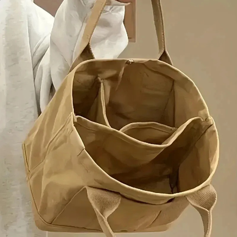 Multipocket womens canvas tote bag solid color ner ladies casual commuting handbag large capacity coffee camping picnic bag 250528