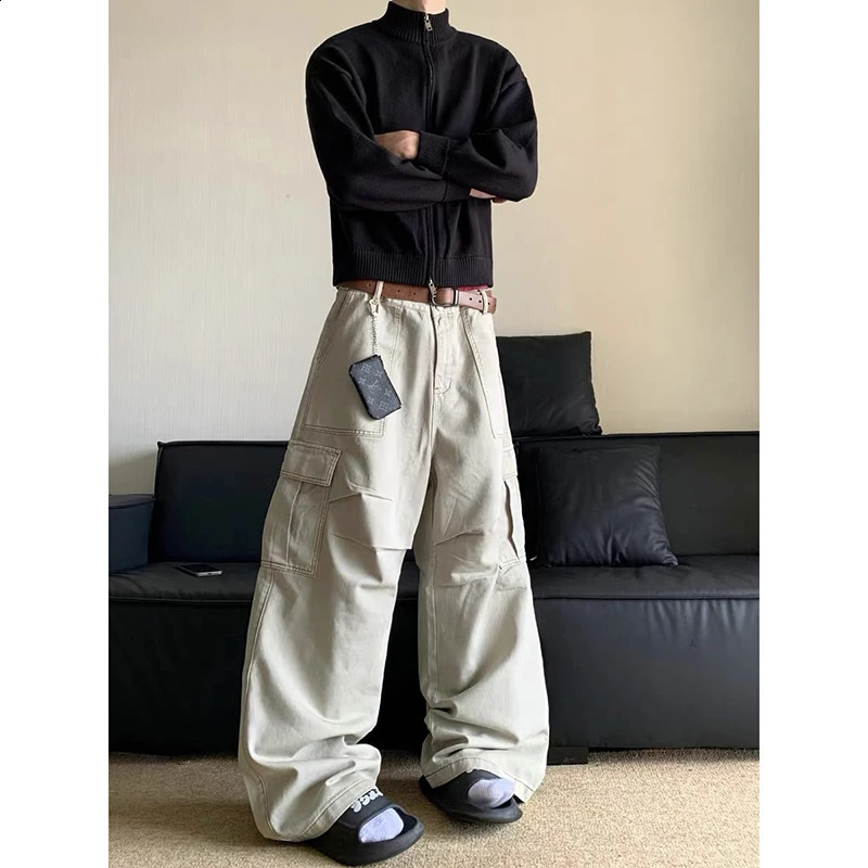 American Retro 2000s High Waist Full Length Jeans Pockets Hip-hop Baggy Cargo Pants Mens Casual Y2K Grunge Street Denim Trouser 250526