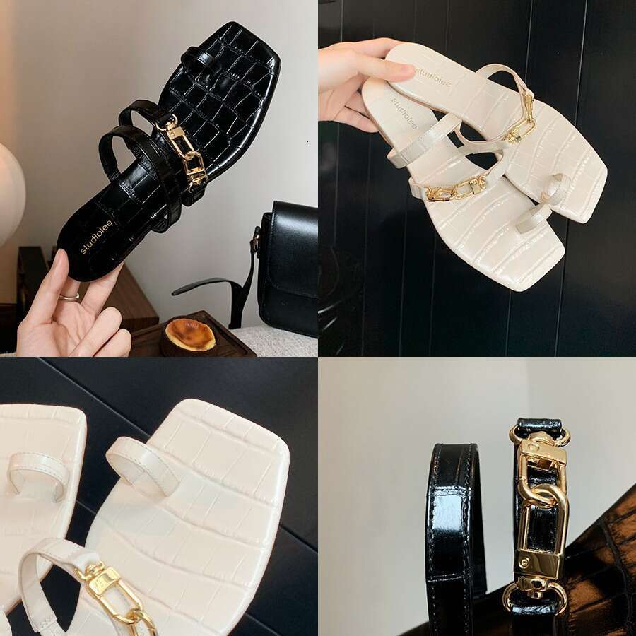Instant Dispatch Grape Mom Square Metal Buckle Irregular Double Strap Toe Cover Crocodile Pattern Flat Sandals for Women