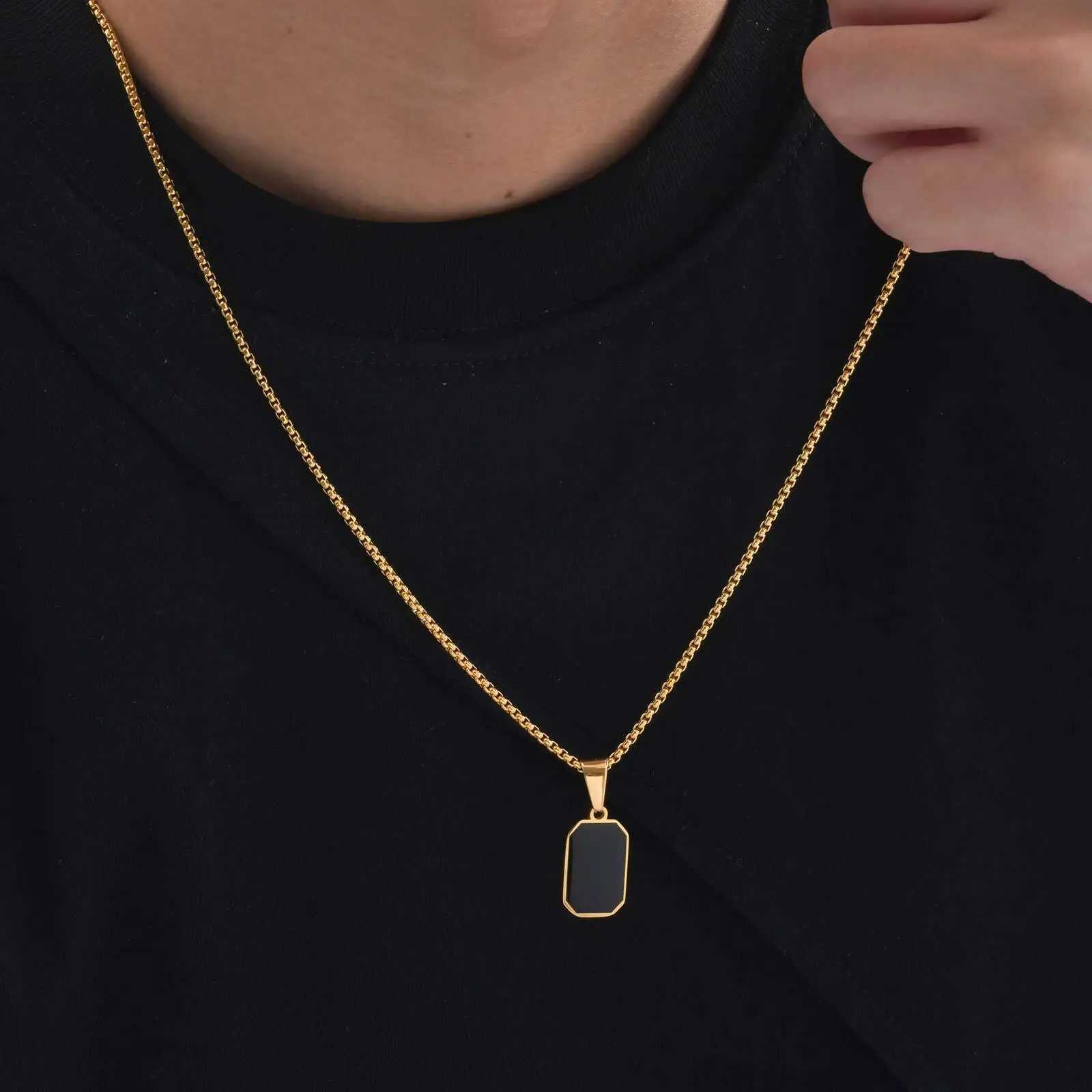 Casual Black Enamel Necklaces for Men Waterproof Stainless Steel Square Pendant Necklace Simple Fashion Male Collar Jewelry GiftXJ250528