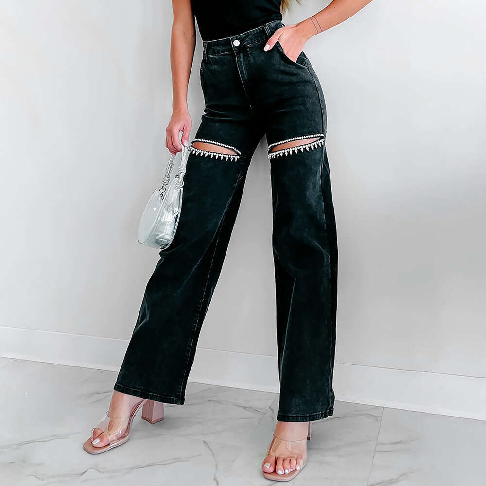 Autumn New Fashion Casual Studded Ripped Straight Leg Women's Vintage Jeans B5