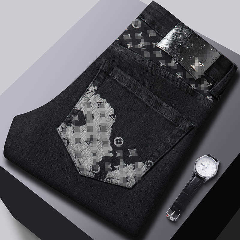 Men's Jeans designer Jeans mens slim small feet high quality elastic printed black pants