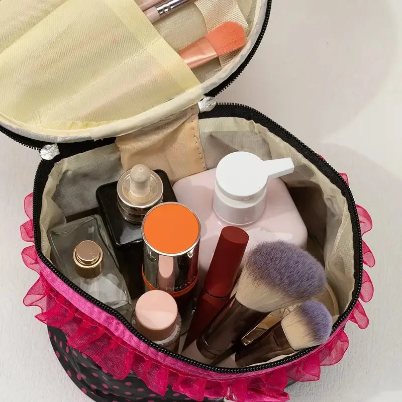 Cosmetic Makeup Bag Large Portable Zipper Travel Organizer Holder with Top HandleDot Print and Bow Lace Decor 250528