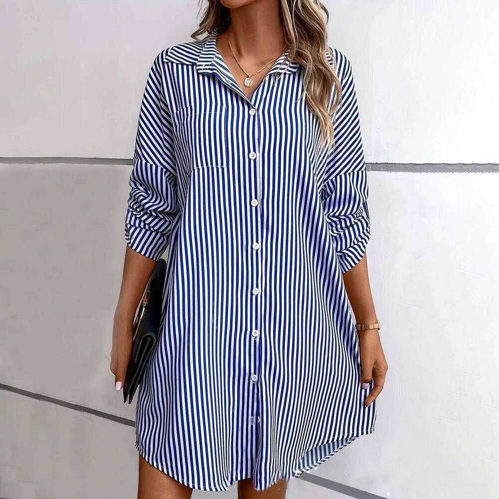 Women's Wear Ladies Fashion Striped Button Pocket Loose Versatile Long Sleeved Blouse Women Classic Stylish Street Shirts
