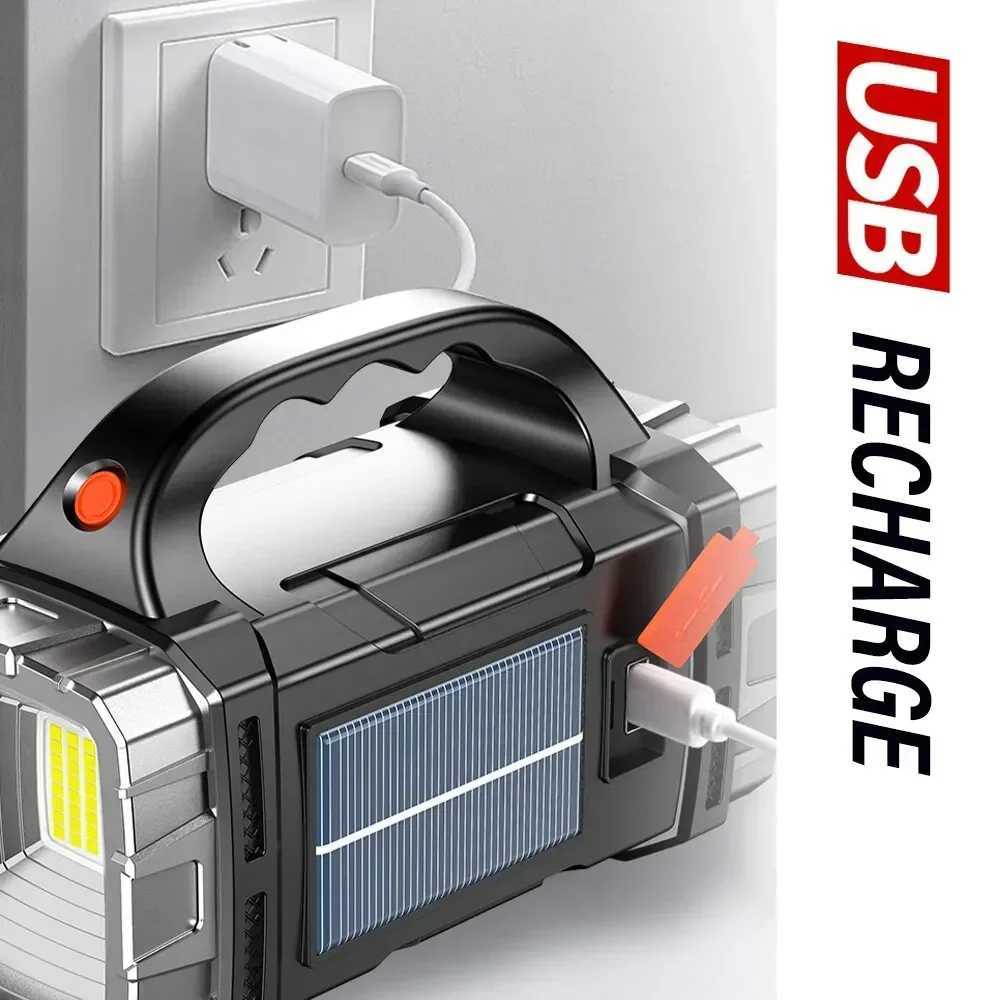 Portable Powerful USB Rechargeable Flashlights Solar LED Light With COB Work Light 4 Gear Charge Mobile Phone Camping Lamps XJ250529