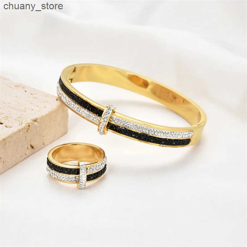 FYSARA Classic Crystal Letter Geometric Stainless Steel Ring for Women Shiny Zircon Ring White Black Cross Jewelry Set z250529C7EH