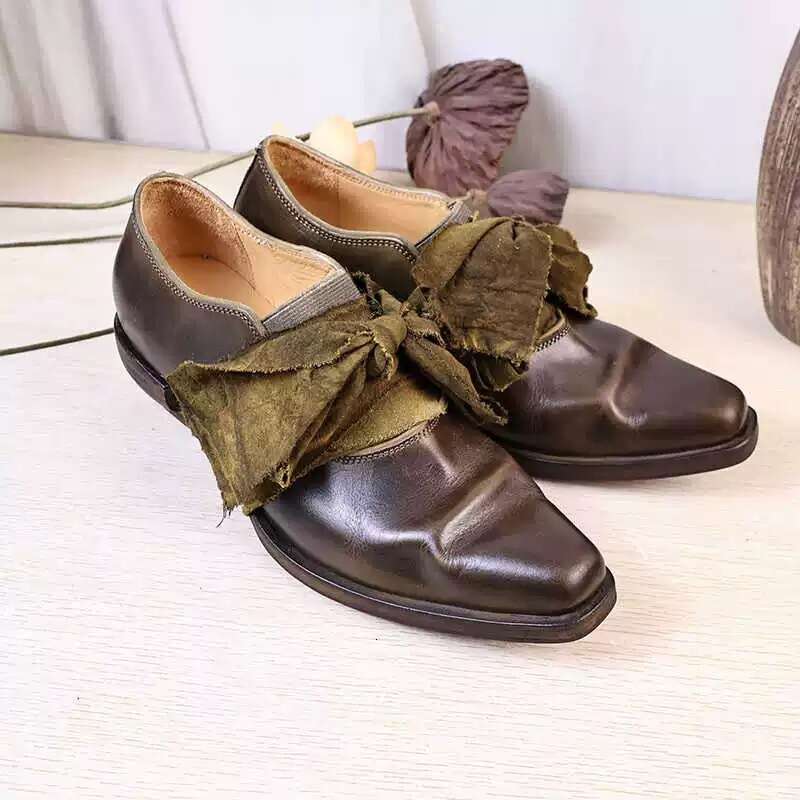 Genuine Leather Niche Bowknot Strap Pleated Square Toe Women's Loafers 2025 New Chunky Heel Single Shoes