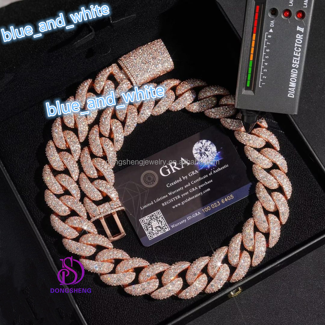 Heavy Solid 925 Sterling Silver 22mm Mens Vvs1 Round White Moissanite Diamonds Studded Cuban Link Chain