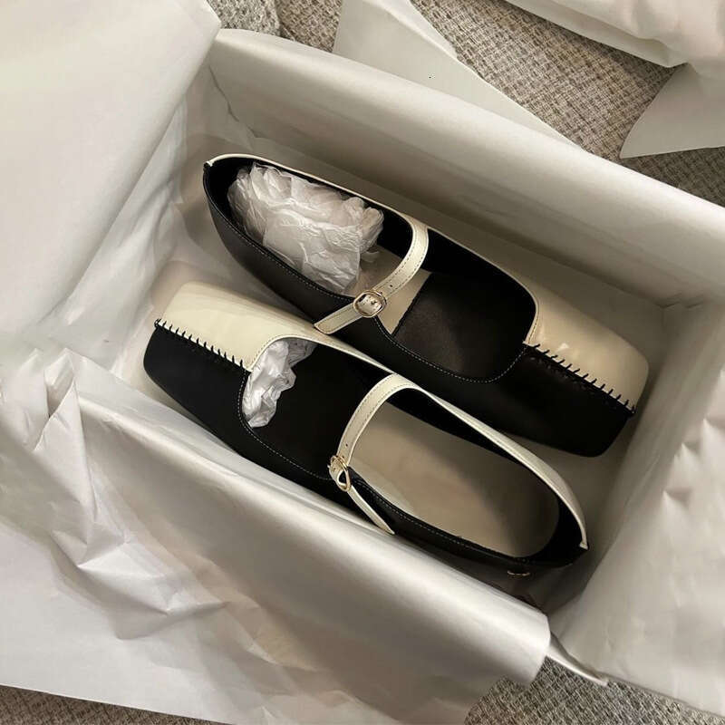 Korean Style Genuine Color Block Fashion One-Strap Square Toe Mary Jane for Women 2024 Spring Summer New Small Leather Shoes