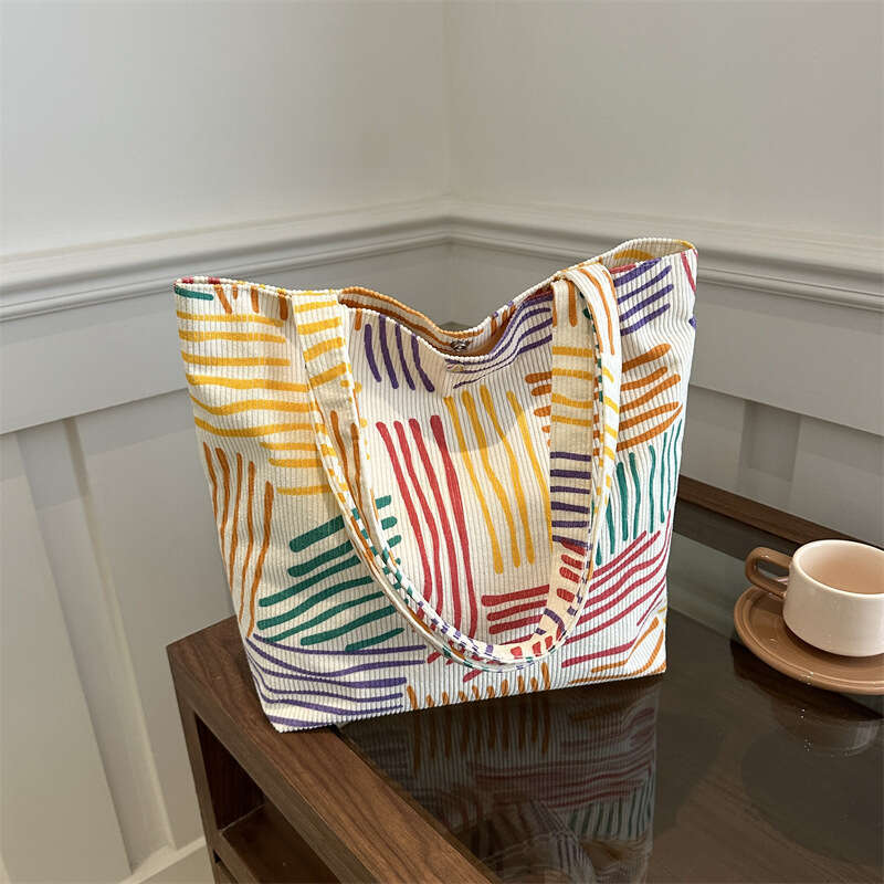 Underarm Forest Style Canvas Color-Block Striped Shoulder Office Commute Large Capacity Women's Shopping Bag